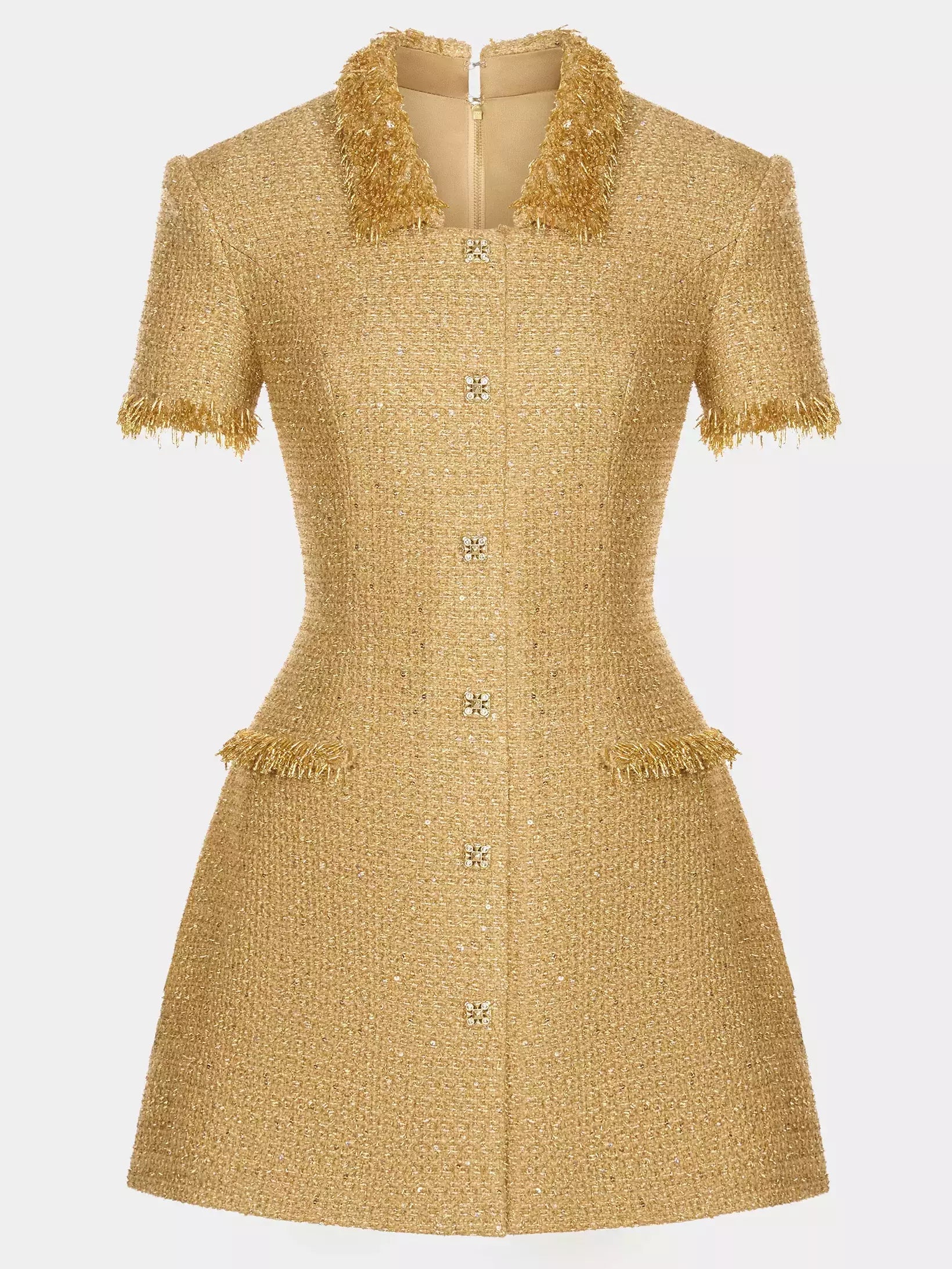 Gorgeous Glamour Collection Bead-Fringe-Trimmed Sequin Tweed Dress in Gold