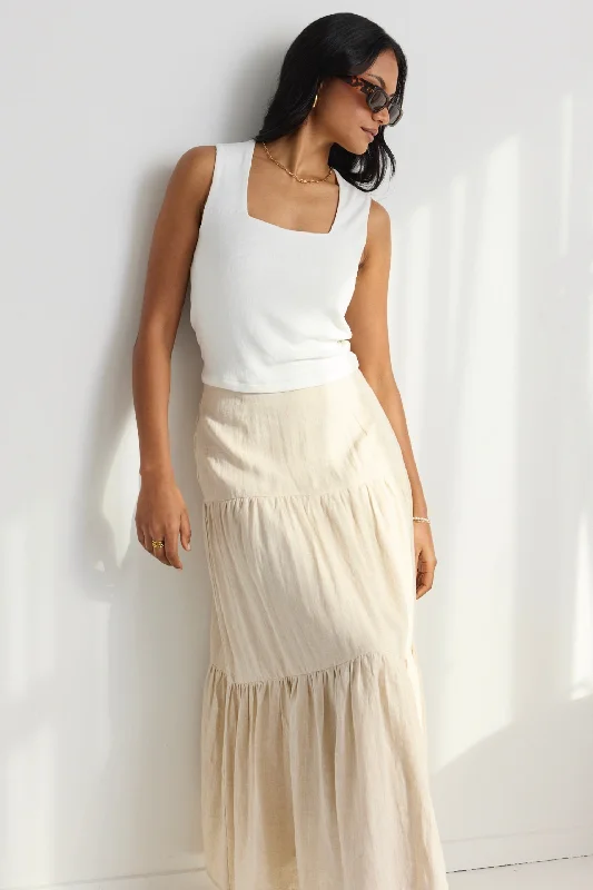 Chic Styles Blazing Sand Tiered Linen Midi Skirt