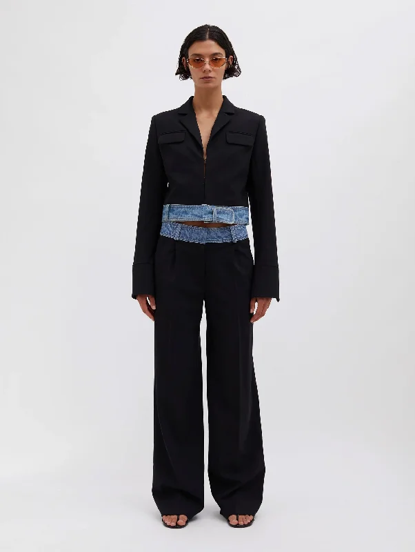 Season Appropriate Women's Collection Deconstruct Denim Waisted Jacket in Black Indigo