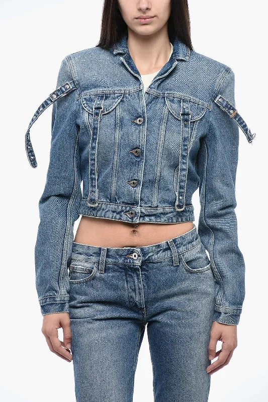 Style Breakthroughs Off-White Crop Denim Jacket With Buckles Detail