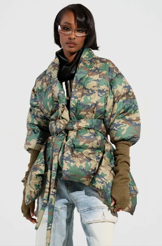 Stylish Statements CAMO LONG RIB SLEEVE PEPLUM PUFFER COAT