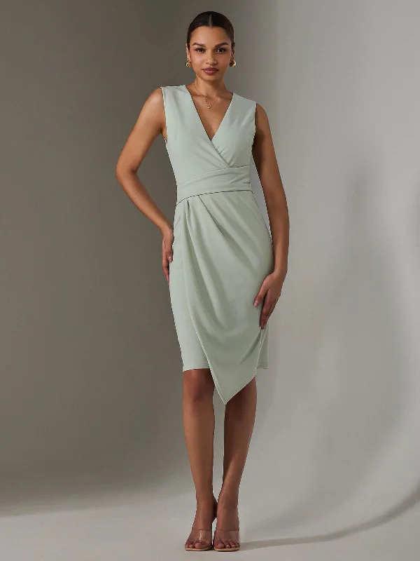 Unleash Your Style Sleeveless Wrap Front Midi Dress, Light Green