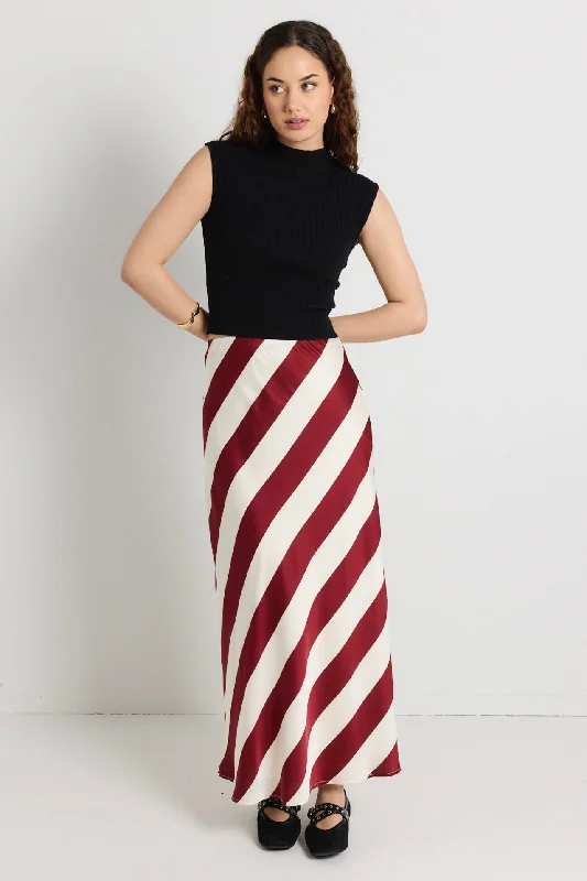 Trendsetting Threads Fiery Plum Stripe Satin Bias Maxi Skirt