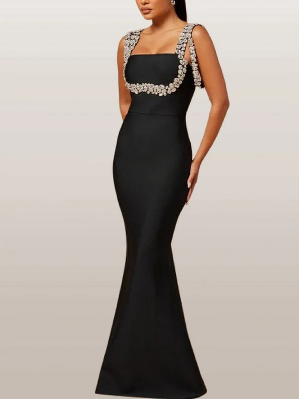 Clearance Event Jewel-Detail Long Black Sleeveless Stretch Gown