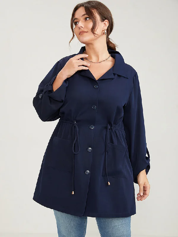 Fashion Sale Solid Pocket Button Up Cuffed Sleeve Drawstring Coat