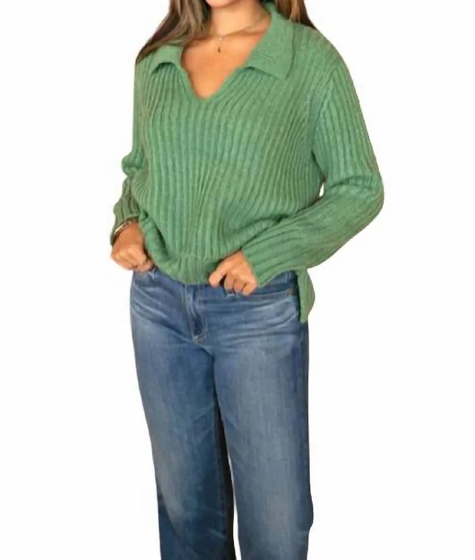 Everyday Basics Teddy Cropped Polo Sweater In Winter Green