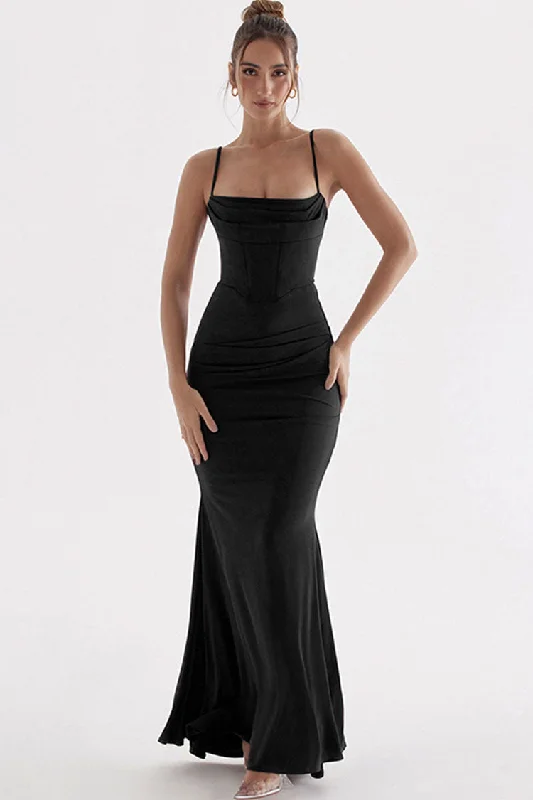 Hot Picks Sexy Square Neck Ruched Corset Fishtail Evening Maxi Dress - Black