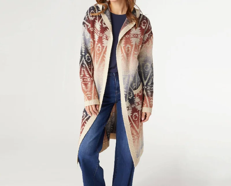 Seasonal Sale Cowichan Long Hooded Aztec Cardigan In Rust/cream/navy