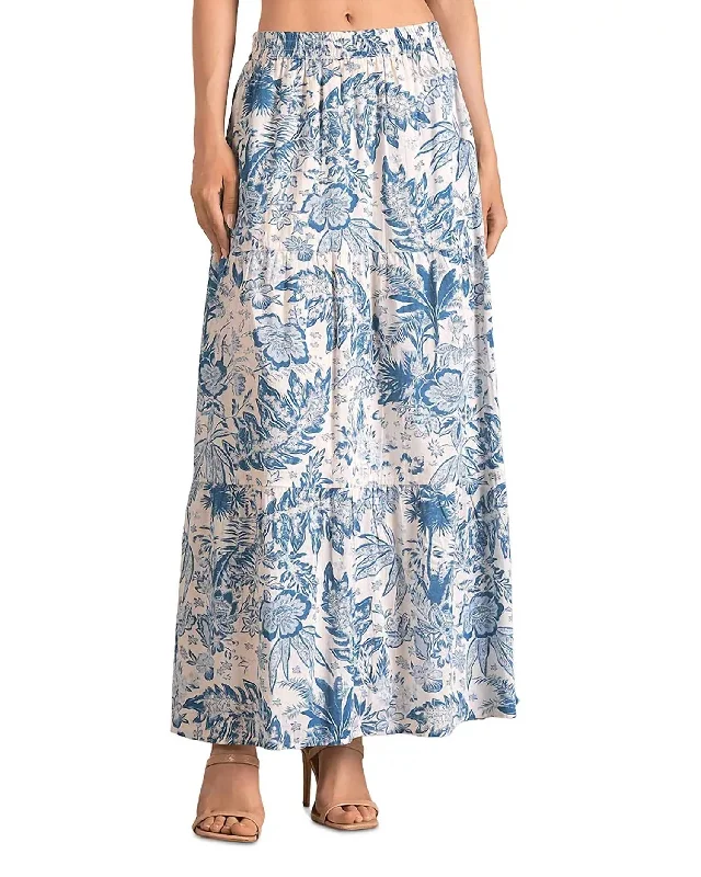 Crazy Price Slashing Tiered Maxi Skirt In Blue Leafy Floral