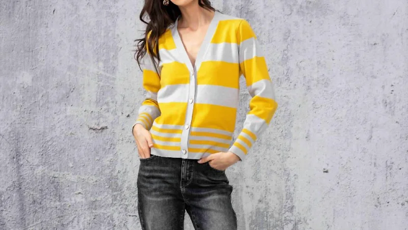 Summer Fashion Gray And Yellow Striped Cardigan Sweater