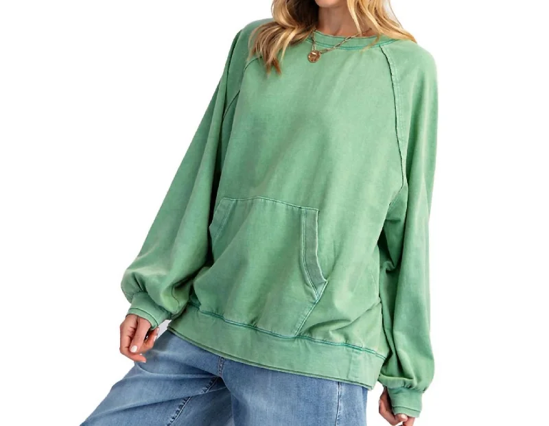 Find Your Unique Flair Kangaroo Pocket Terry Pullover In Sage