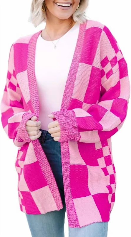 Exclusive Designer Collection Checkered Open Front Knit Cardigan In Pink