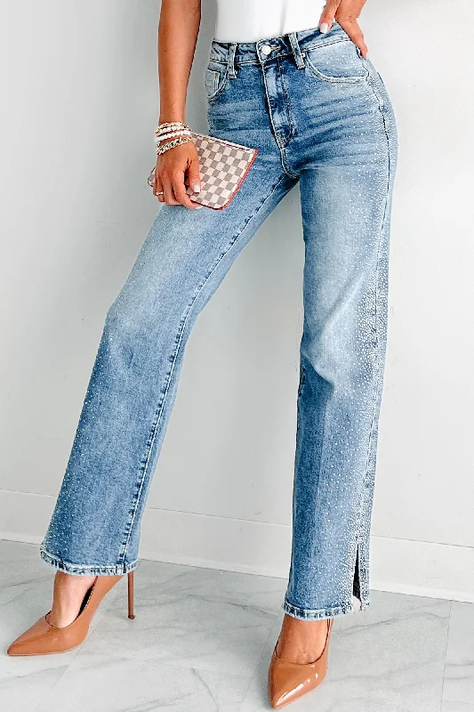 Trendy Fashion Sale Garrison High Rise Rhinestone Detail Straight Leg Special A Jeans (Medium Dark)