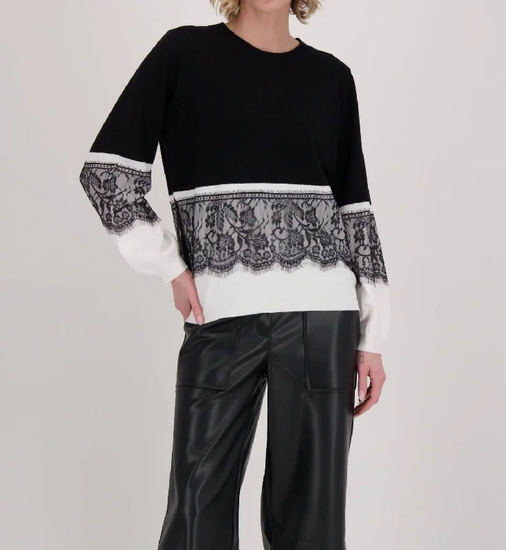 Fashion Forward Outfits Contrast Lace Panel Sweater Top In Black And White