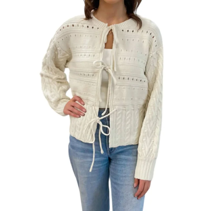 Inspired By You, Designed For You Front Tie Open Knit Cardigan In Cream