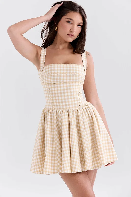 Huge Markdowns Retro Contrast Gingham Print Square Neck Fit & Flare Mini Sundress