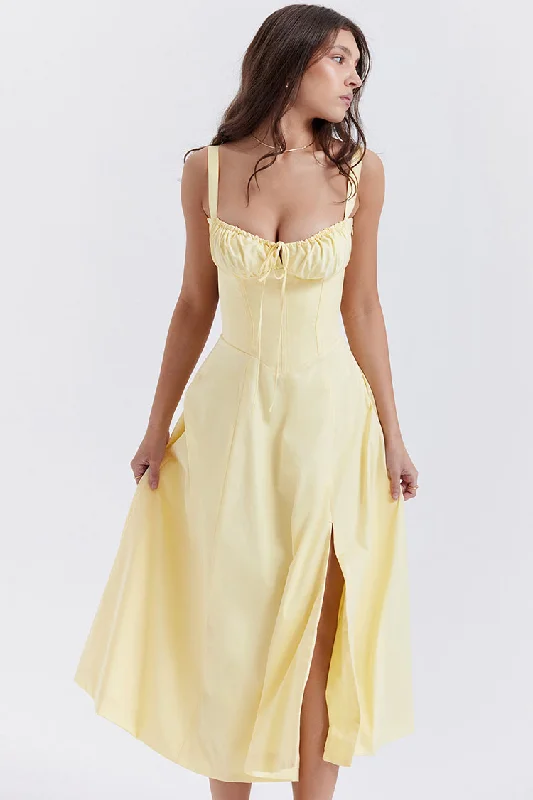 Big Discounts Vintage Tie Front Lace Up Back Fit & Flare Split Midi Sundress - Yellow