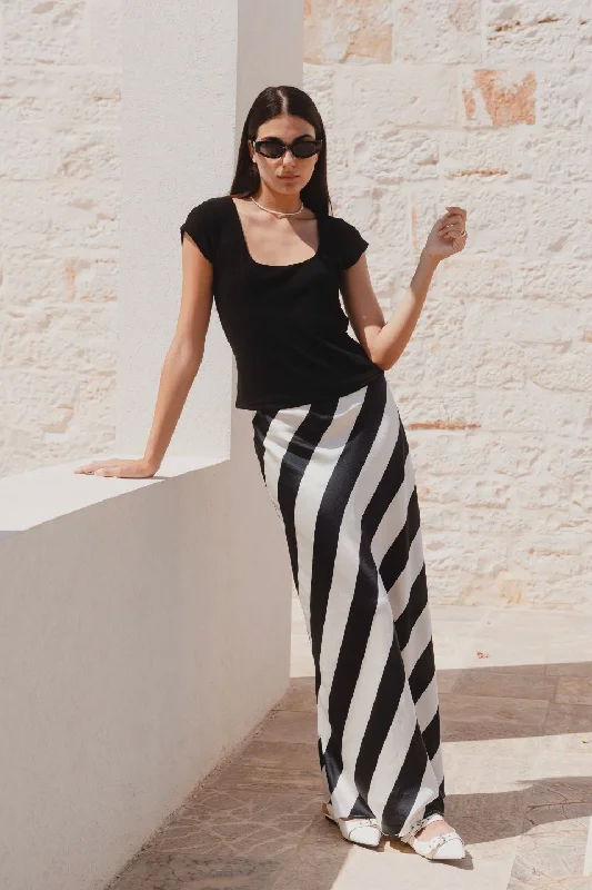 Trendy Urban Attire Fiery Black Stripe Satin Bias Maxi Skirt