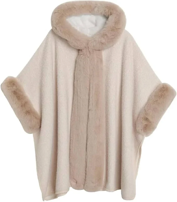 The Latest Fashion Trends Faux Fur Trim Hooded Poncho In Cream