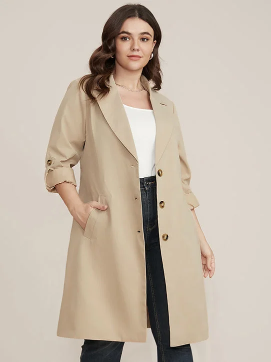 Winter Warm - Up Sale Solid Pocket Roll Sleeve Button Up Belted Coat