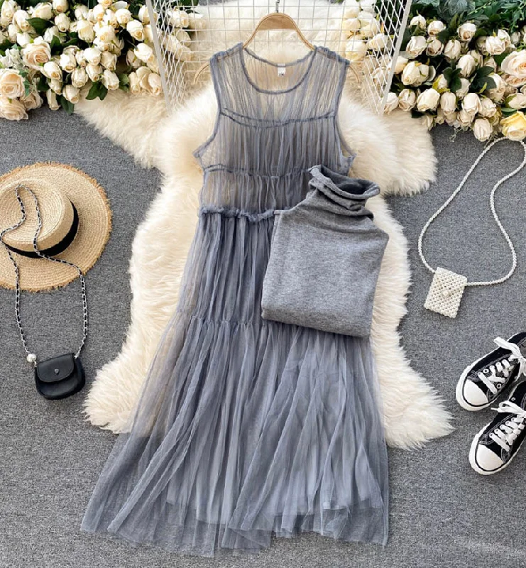 Quick Grab Deals Stylish high neck bottoming shirt + sleeveless tulle dress two piece sets  991