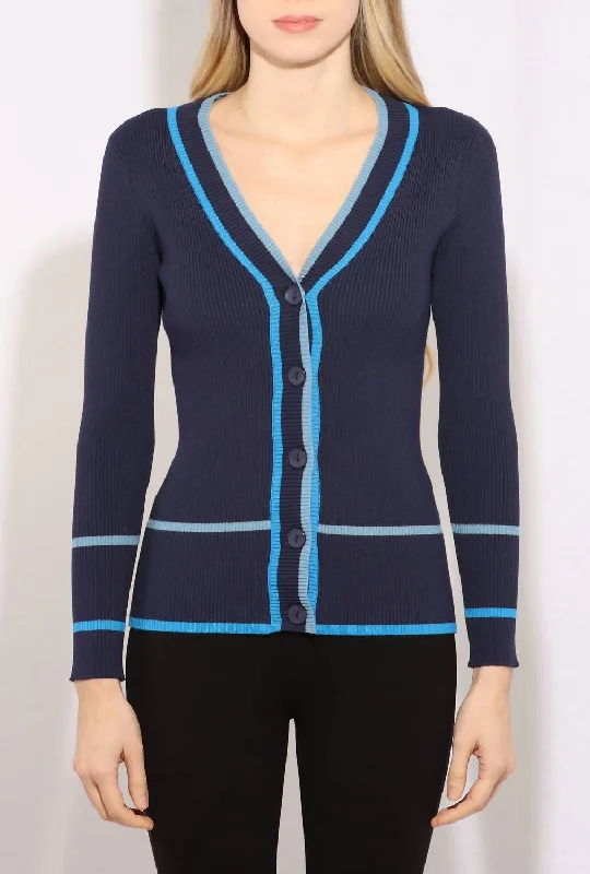 Evening Looks Long Sleeve Bottun Front Rib Cardi In Navy Combo