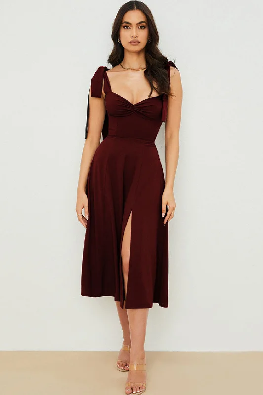 Season Transition Versatile Wear Clearance Tie Strap Fit & Flare High Slit Slip Midi Dress - Dark Wine