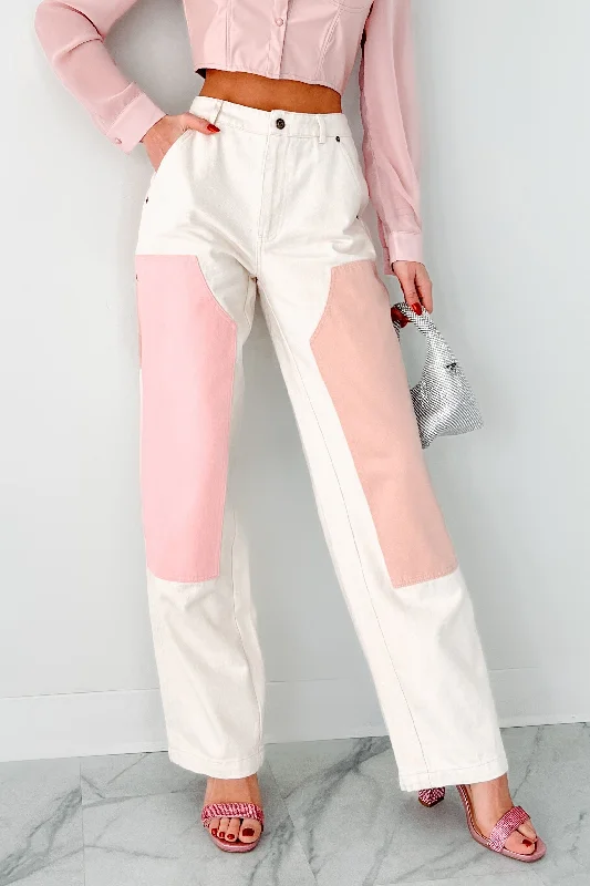 Unbeatable Deals Sabra Straight Leg Colorblock Jeans (Ivory/Pink)