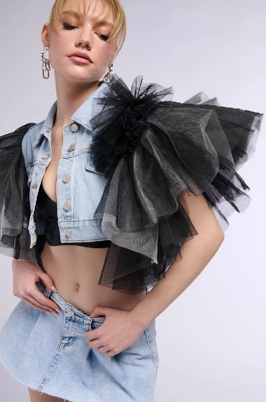 Casual Yet Stylish Separates BEBE LUXE TULLE SHOULDER CROPPED DENIM VEST