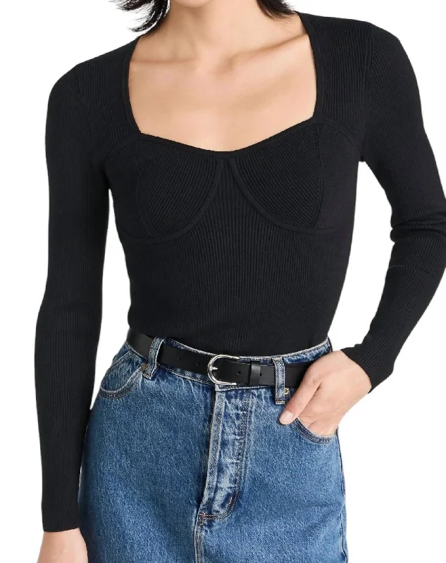 Budget Friendly Fashion Ribbed Sweetheart Neckline Top In Black