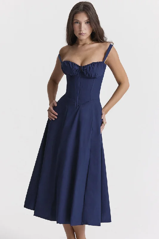 Exclusive Discounts Vintage Tie Front Lace Up Back Fit & Flare Split Midi Sundress - Navy blue