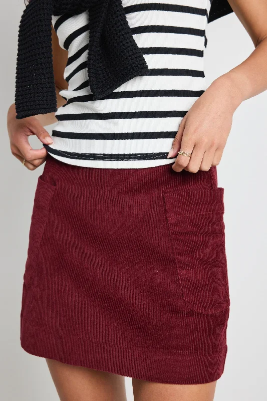 Fashion Forward Femininity Valid Burgundy Cord Mini Skirt