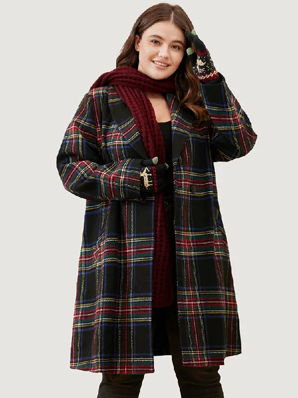 Budget Friendly Fashion Plaid Button Through Pocket Lapel Collar Coat