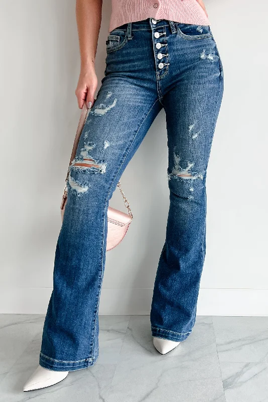 Limited Time Special Offer Gage Judy Blue Mid Rise Distressed Button Fly Flare Jeans (Dark)