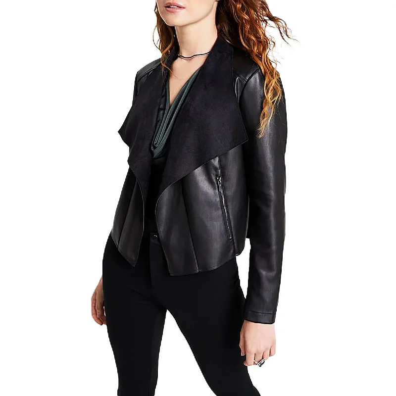 Bid Farewell To The Old Season Petites Womens Collared Long Sleeve Leather Jacket