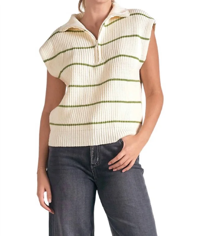 Seize Bargains Stripe Zip Front Sweater In Beige Green