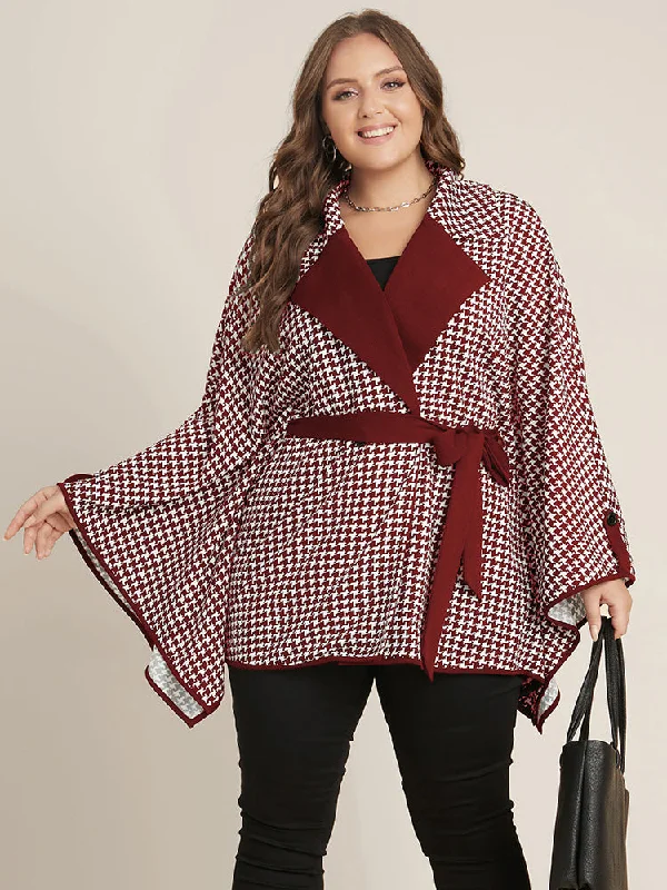 Casual Weekend Relaxed Style Houndstooth Contrast Dolman Sleeve Suit Collar Belted Coat