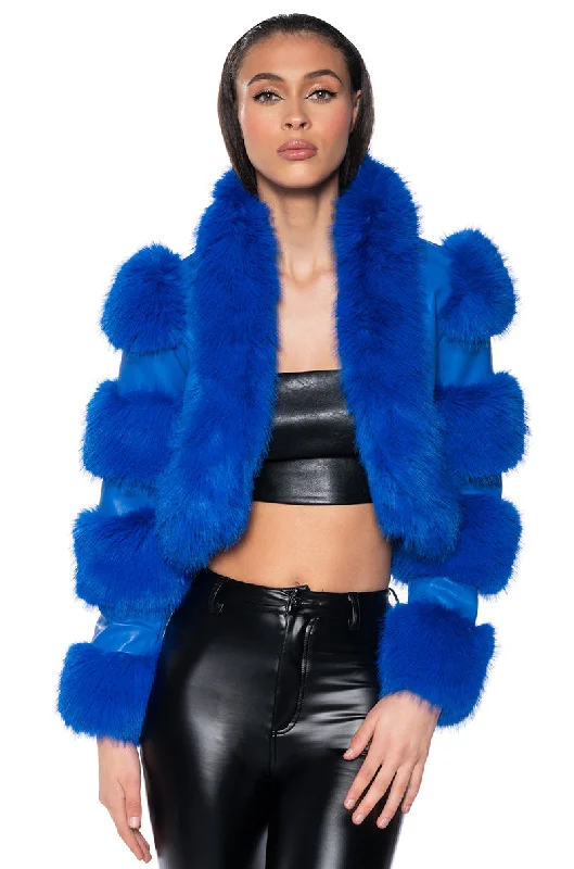 Comfort Meets Fashion LOVERBOY FAUX FUR MOTO JACKET IN BLUE