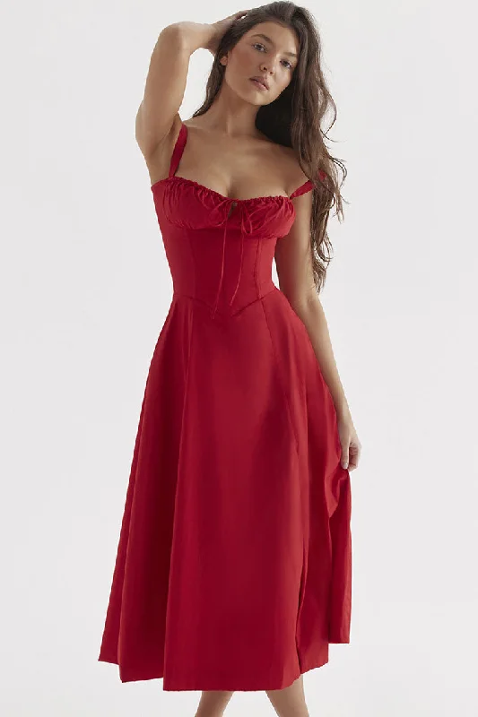 All Season Basics Discount Vintage Tie Front Lace Up Back Fit & Flare Split Midi Sundress - Red