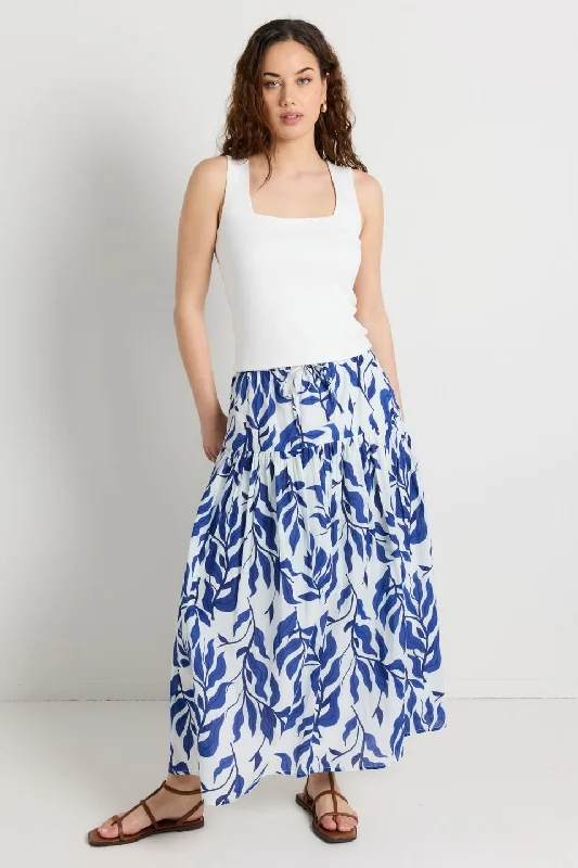 Effortless Style, Endless Impact Remedy Blue Leaves Print Tie Waist Tiered Maxi Skirt