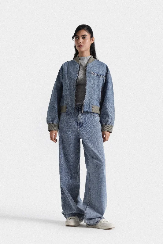 Shop Sales Cropped Washed Out Denim Bomber Jacket