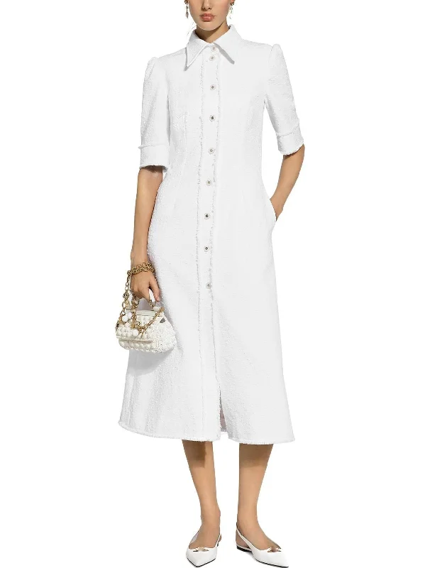 Fresh Styles, Fresh Deals Button-Front Frayed Tweed White Midi Shirt Dress