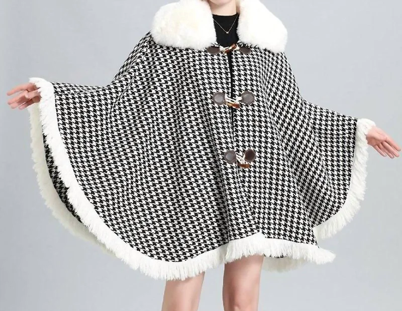 New Season Fashion Preview Houndstooth Faux Fur Trim Cape Coat In Black/white