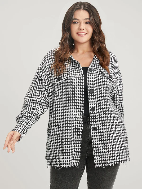 Stylish Spring Fashion Houndstooth Pocket Button Up Coat