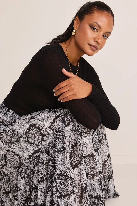 Weekend Exclusive Sensational Black Paisley Tiered Drawstring Maxi Skirt