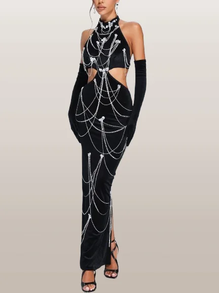 Quality Driven Apparel Black Velvet Halter Dress with Rhinestone Chains and Gloves