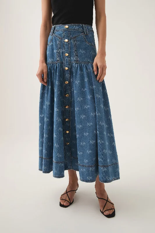 Trendy Women's Wear Collection Ratio Logo Denim Midi Skirt