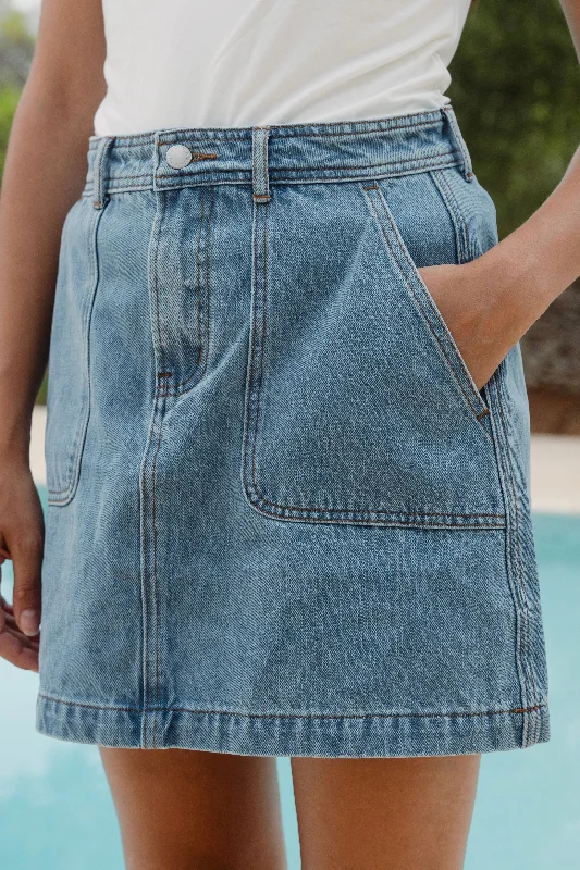 Exclusive Sale Orchard Mid Blue Pocket Front Denim Mini Skirt