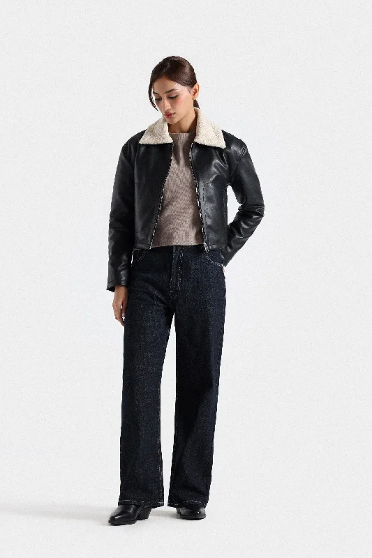 Exclusive Discounts Faux Leather Cropped Jacket With Sherpa Collar