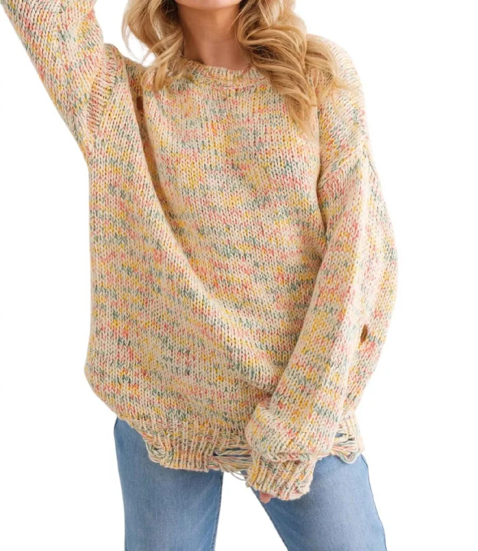 Trendy Clothing Sale Color Your World Distressed Sweater In Cream Multi